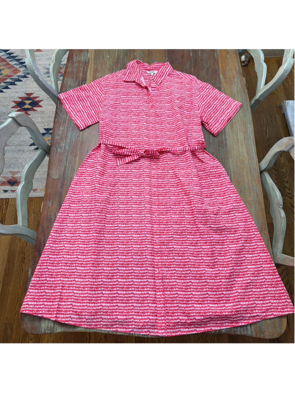 Tucker NYC Pink Painterly Wave Ikat Print Button Front Midi Shirt Dress L Pocket
